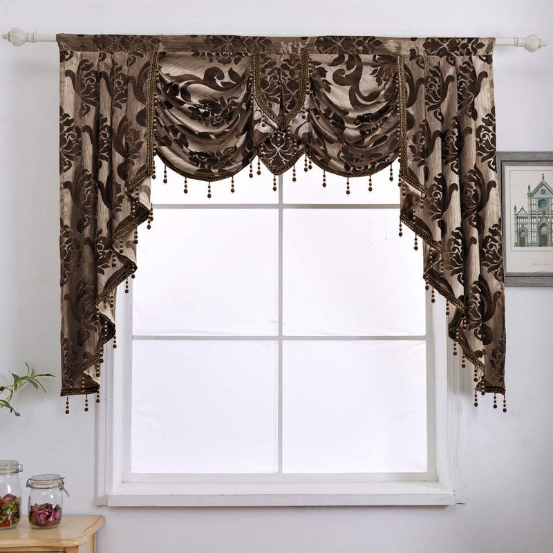 NAPEARL Window Valances for Living Room Jacquard Luxury Valance Brown Rod Pocket Waterfall Valance with Swags 61Inch Wide