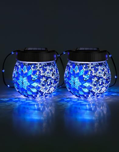 PARTPHONER Mosaic Solar Lights Outdoor 2 Pack, Solar Hanging Lanterns Christmas Halloween Gifts for Women Mom Grandma, Waterproof Glass Globe Lights, Garden Patio Decor for Yard, Tree, Balcony, Cold - Image 1