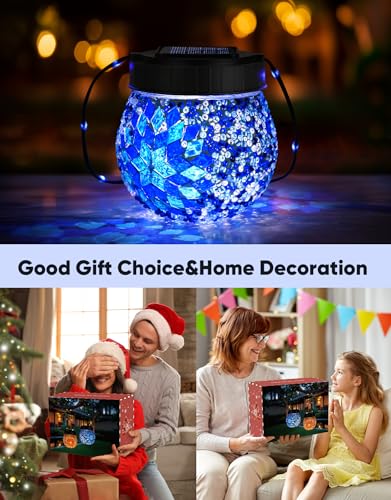 PARTPHONER Mosaic Solar Lights Outdoor 2 Pack, Solar Hanging Lanterns Christmas Halloween Gifts for Women Mom Grandma, Waterproof Glass Globe Lights, Garden Patio Decor for Yard, Tree, Balcony, Cold - Image 2