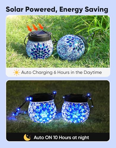PARTPHONER Mosaic Solar Lights Outdoor 2 Pack, Solar Hanging Lanterns Christmas Halloween Gifts for Women Mom Grandma, Waterproof Glass Globe Lights, Garden Patio Decor for Yard, Tree, Balcony, Cold - Image 5