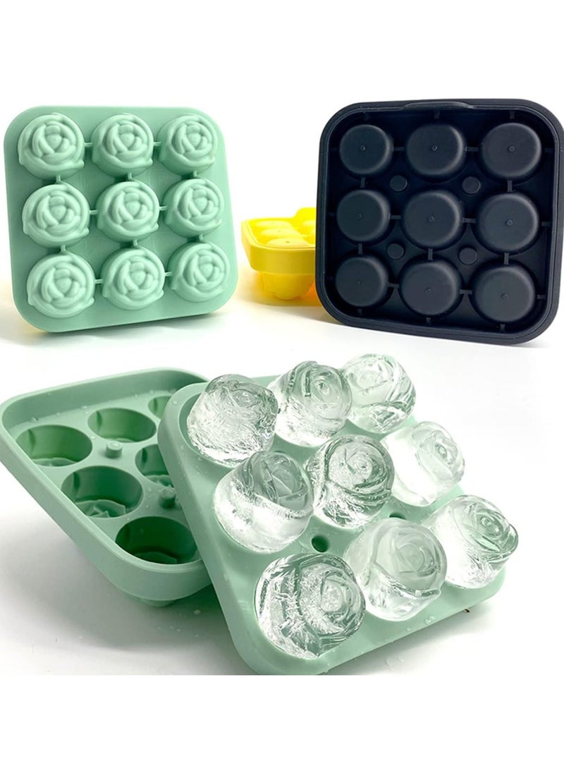 ice tray 9 cavity Silicone Rose Ice Cube Mold, Ice Ball Maker with Lid, Ice Cube Container for Cooling  Juice, chocolate, jelly, ice cream