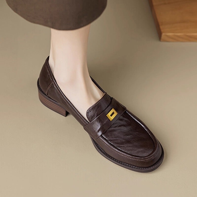 Women's Loafers, Leather, Round Toe, Metal Buckle, Slip-on, Block Heel - Image 2