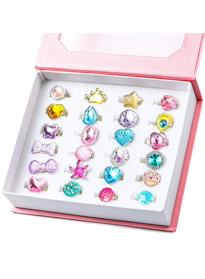 Daytoyz 24Pcs Adjustable Princess Pretend Jewelry Rings, Girl’s Jewelry Dress Up Play Toys, Rhinestone Gift Set in Box for Little Girls, No Duplication Diamond Ring for Children, Party Favors for Kids  - Image 1