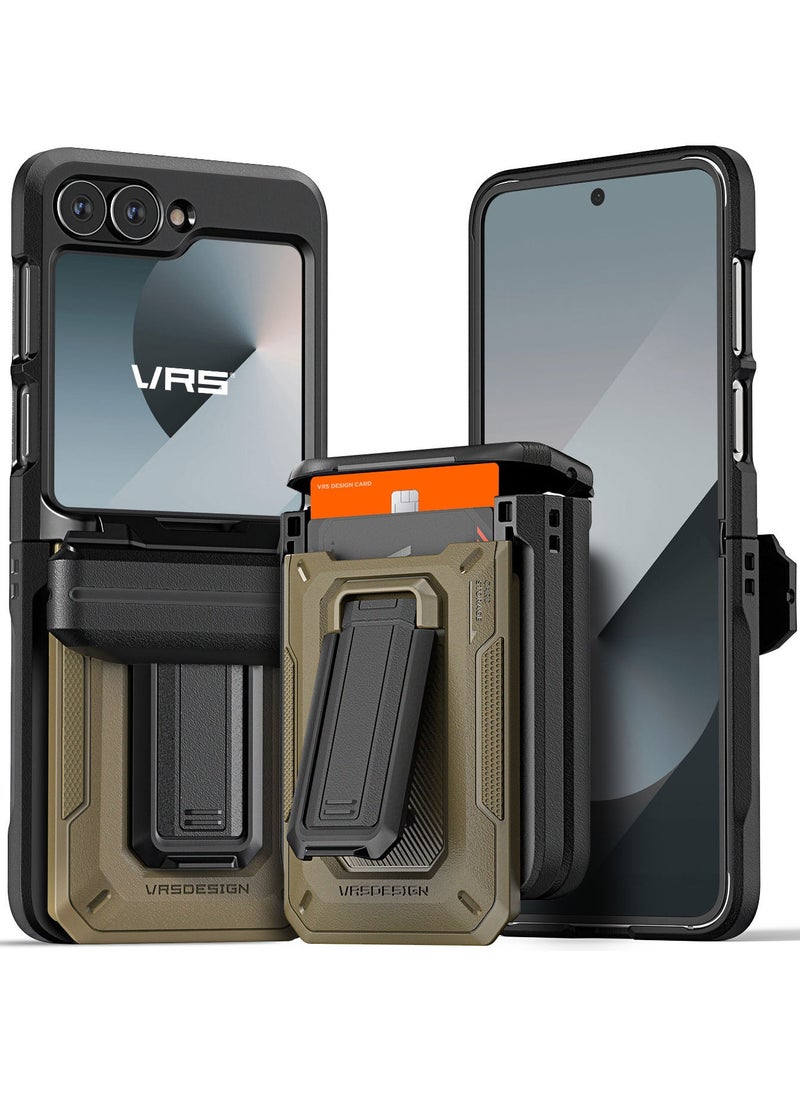 VRS Design D-Wallet Origin Samsung Galaxy Z Flip 6 Case Cover Rugged Semi Auto Wallet [2 Card Holder Slot] Built-in [Kickstand] and [Hinge Protection] - Sahara Khaki  - Image 1