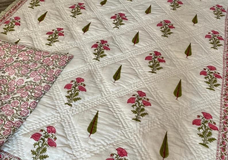 BLOCKS OF JAIPUR Blocks of Jaipur Original Pure Cotton Jaipuri Razai Hand Block Pink Cypress Tree Print Reversible Comforter Lightweight AC Quilt Summer and Winter Bedding Throw Bed Blanket King Size 108X108 in  - Image 4