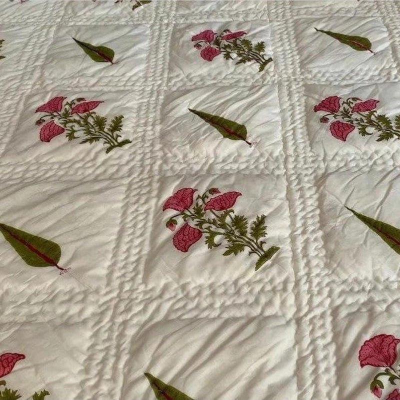 BLOCKS OF JAIPUR Blocks of Jaipur Original Pure Cotton Jaipuri Razai Hand Block Pink Cypress Tree Print Reversible Comforter Lightweight AC Quilt Summer and Winter Bedding Throw Bed Blanket King Size 108X108 in  - Image 3