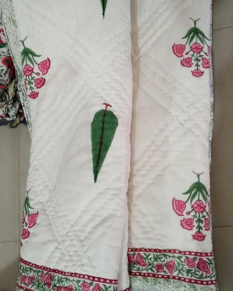 BLOCKS OF JAIPUR Blocks of Jaipur Original Pure Cotton Jaipuri Razai Hand Block Pink Cypress Tree Print Reversible Comforter Lightweight AC Quilt Summer and Winter Bedding Throw Bed Blanket King Size 108X108 in  - Image 2