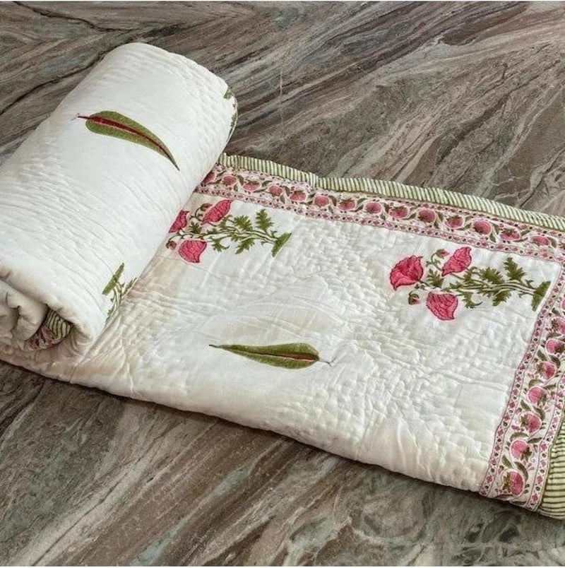 BLOCKS OF JAIPUR Blocks of Jaipur Original Pure Cotton Jaipuri Razai Hand Block Pink Cypress Tree Print Reversible Comforter Lightweight AC Quilt Summer and Winter Bedding Throw Bed Blanket King Size 108X108 in  - Image 5