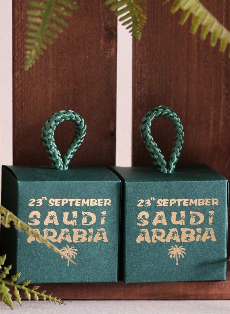 Saudi National Day Decorations 5 small green boxes with a twisted fabric ribbon printed with the date of the National Day for giving gifts and distributions during National Day celebrations - Image 2