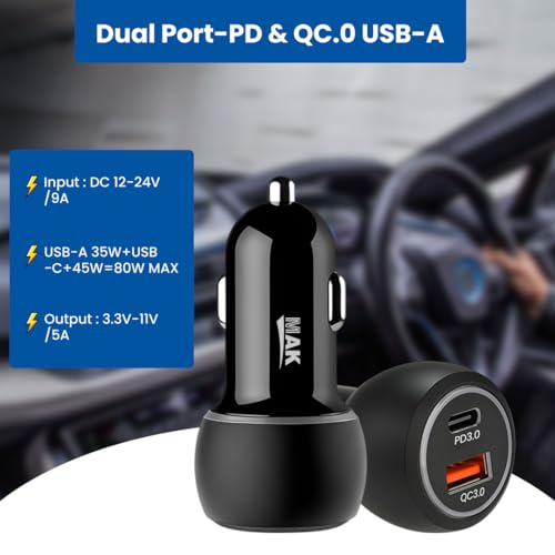MAK 80W Dual Port Fast Car Charger with Type-C & USB, LED Indicator, Metal Charging Adapter Compatible with iPhone, Samsung PD, PPS & Supports Dart, Dash, Warp, Vooc, SuperVooc 3.0 in Android (Black) - Image 4