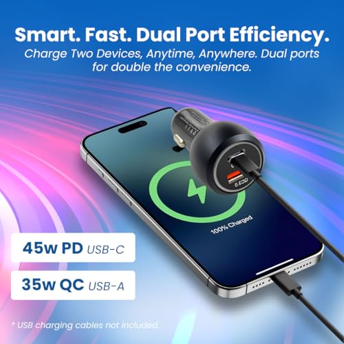 MAK 80W Dual Port Fast Car Charger with Type-C & USB, LED Indicator, Metal Charging Adapter Compatible with iPhone, Samsung PD, PPS & Supports Dart, Dash, Warp, Vooc, SuperVooc 3.0 in Android (Black) - Image 2