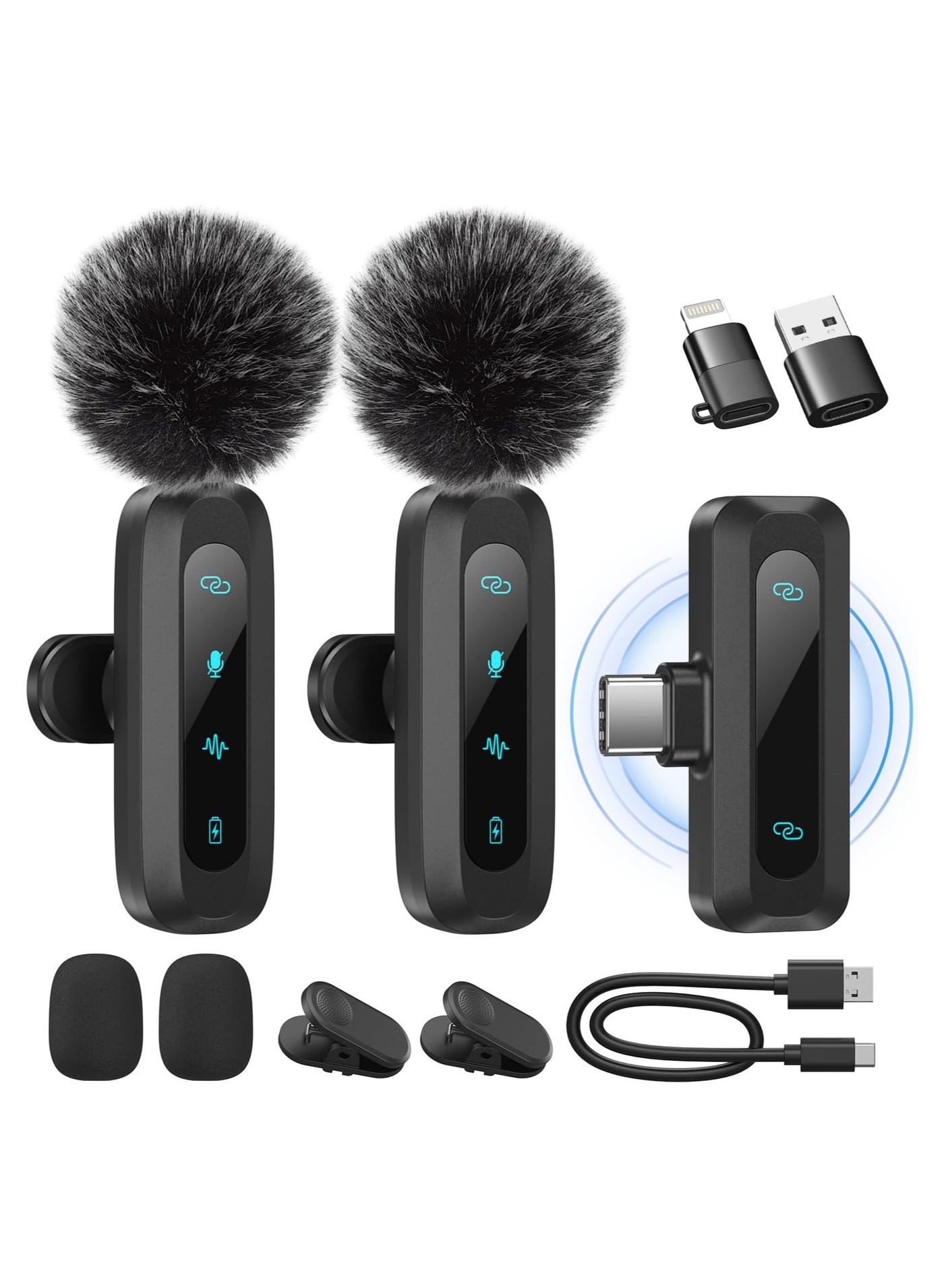 Wireless Lavalier Microphone for iPhone iPad Android Phone 2-Pack Mini Microphone with Noise Reduction Auto Pairing and Mute and Reverb for Vlogging Video Recording TikTok YouTube - Plug and Play