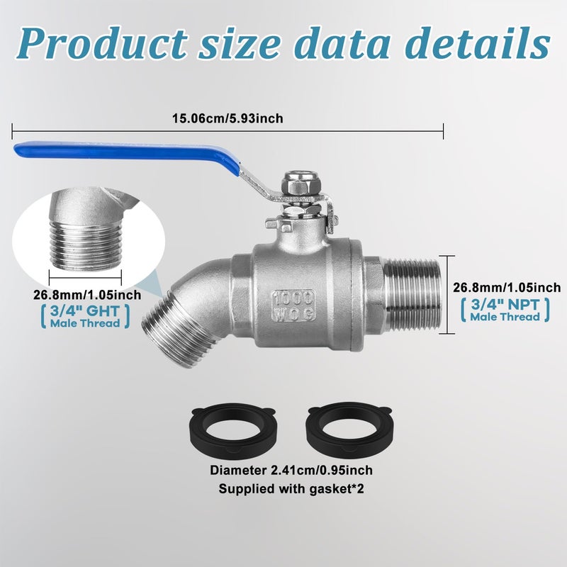 windblowgrass 304 Stainless Steel 3/4" Garden Hose Bib, Heavy Duty Outdoor Spigot, 3/4" Male GHT Threaded Garden Hose Faucet, Lead-Free, Unlimited Flow Outdoor Faucet with 2 Washers and 1 Tape - Image 2