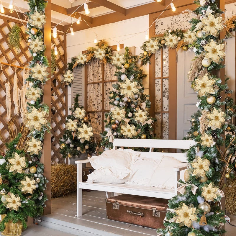 Geosar 36 Pcs 3 Size Christmas Poinsettia Flowers 3'' 4'' 6'' Tree Decorations Glitter Faux Flowers Xmas Artificial Poinsettia Ornaments New Year for Party Favor(Gold) - Image 5