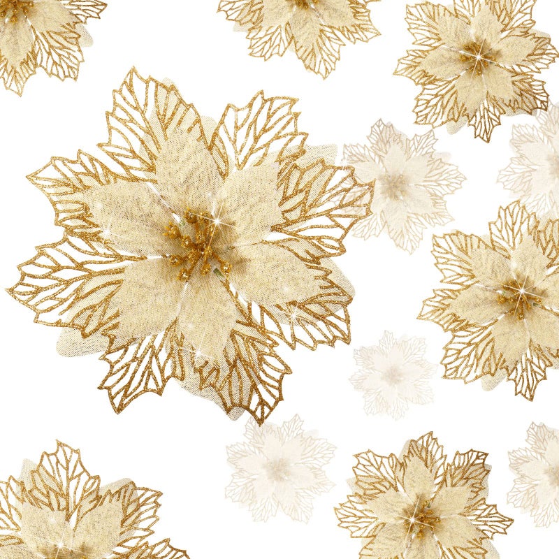 Geosar 36 Pcs 3 Size Christmas Poinsettia Flowers 3'' 4'' 6'' Tree Decorations Glitter Faux Flowers Xmas Artificial Poinsettia Ornaments New Year for Party Favor(Gold) - Image 1