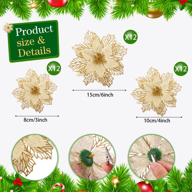 Geosar 36 Pcs 3 Size Christmas Poinsettia Flowers 3'' 4'' 6'' Tree Decorations Glitter Faux Flowers Xmas Artificial Poinsettia Ornaments New Year for Party Favor(Gold) - Image 2