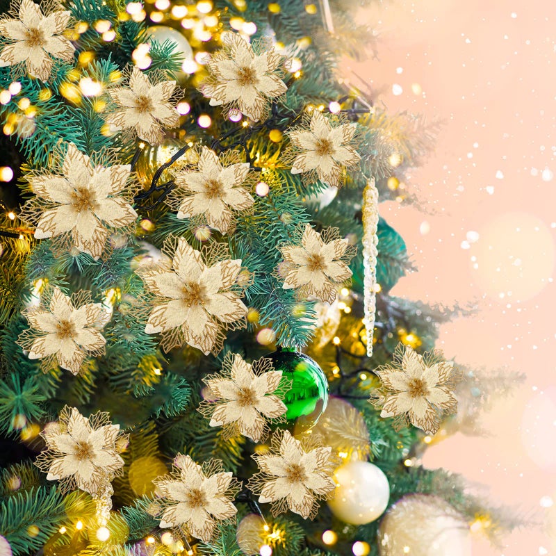 Geosar 36 Pcs 3 Size Christmas Poinsettia Flowers 3'' 4'' 6'' Tree Decorations Glitter Faux Flowers Xmas Artificial Poinsettia Ornaments New Year for Party Favor(Gold) - Image 3