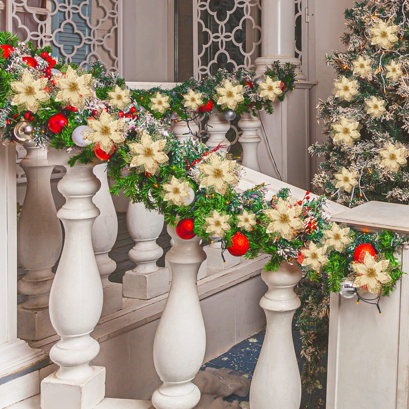 Geosar 36 Pcs 3 Size Christmas Poinsettia Flowers 3'' 4'' 6'' Tree Decorations Glitter Faux Flowers Xmas Artificial Poinsettia Ornaments New Year for Party Favor(Gold) - Image 4