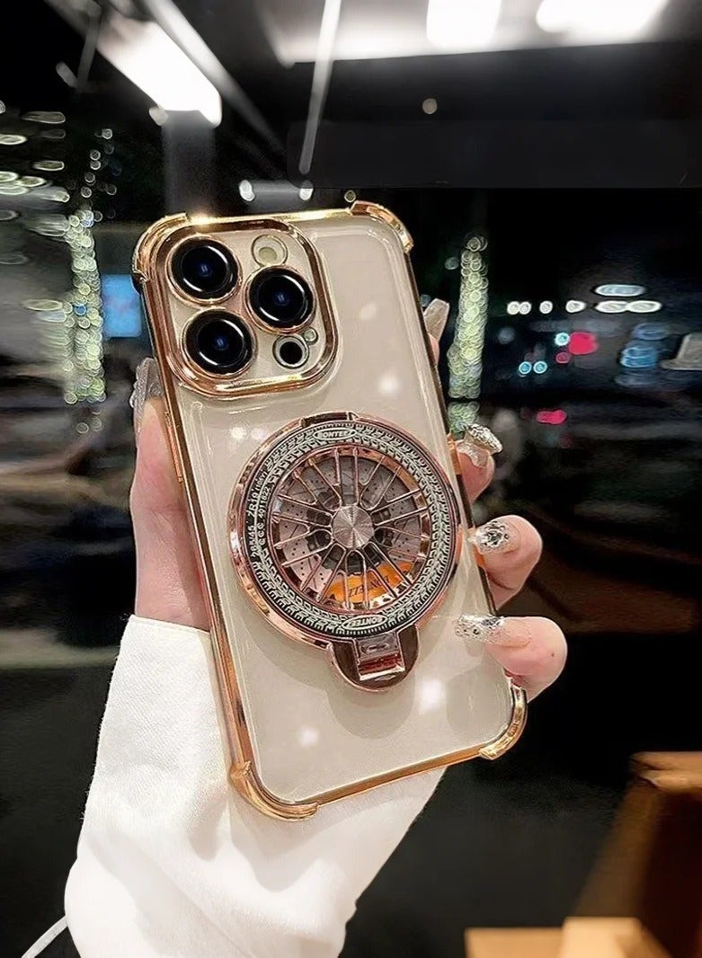 IPhone 15 Pro phone cover with rotating phone holder, thickened shock-absorbing edge, wear-resistant and scratch resistant, and camera protection, Gold - Image 1