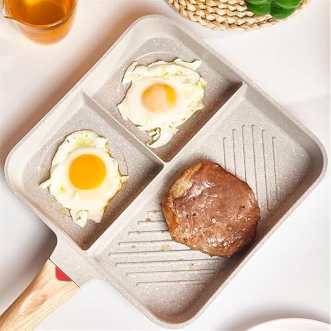 TERRIFI Nonstick Divided Grill Pan 3In1 Square Egg Skillet With Bakelite Handle Versatile Breakfast Grill For Cooking Eggs Steak And Bacon Compatible With Induction Gas And Electric Cooktops - Image 2
