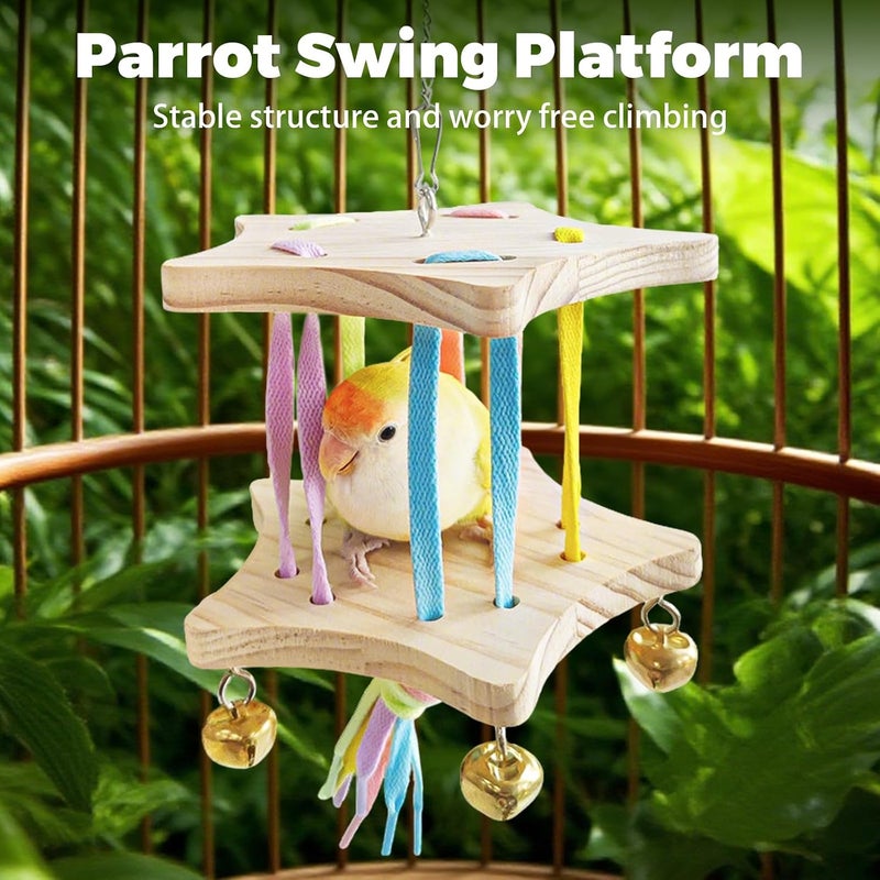 DINTSTYLE Bird Stand Perch Toy,Interactive Rocking Parakeet Toy and Perch, Wooden Exercise Wheel Cockatiel Toy, Intelligence Puzzle Enrichment Toys,Bird Playground Play Stands for Conure Budgie(E) - Image 3