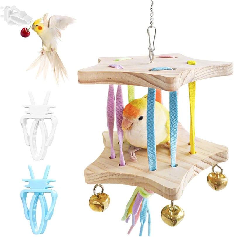 DINTSTYLE Bird Stand Perch Toy,Interactive Rocking Parakeet Toy and Perch, Wooden Exercise Wheel Cockatiel Toy, Intelligence Puzzle Enrichment Toys,Bird Playground Play Stands for Conure Budgie(E) - Image 1