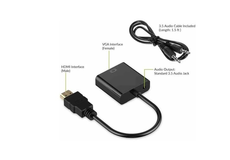 HDMI to VGA Adapter with 3.5mm Stereo Audio Jack, Black, Lightweight, for Presentation and Home Entertainment