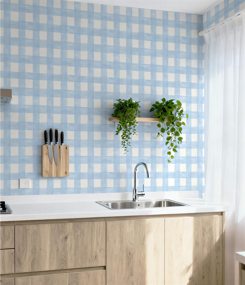 Micpolo Blue Peel and Stick Wallpaper Plaid Modern Wall Paper Checkered Gingham Contact Paper Self-Adhesive Removable Wallpapers Waterproof for Bathroom Bedroom Cabinet Vinyl 17.3" x 78.7" - Image 3