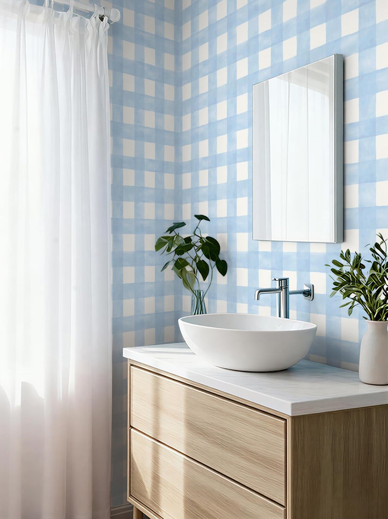 Micpolo Blue Peel and Stick Wallpaper Plaid Modern Wall Paper Checkered Gingham Contact Paper Self-Adhesive Removable Wallpapers Waterproof for Bathroom Bedroom Cabinet Vinyl 17.3" x 78.7" - Image 1