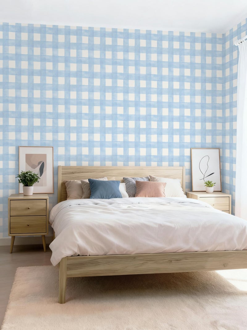 Micpolo Blue Peel and Stick Wallpaper Plaid Modern Wall Paper Checkered Gingham Contact Paper Self-Adhesive Removable Wallpapers Waterproof for Bathroom Bedroom Cabinet Vinyl 17.3" x 78.7" - Image 2