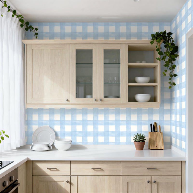 Micpolo Blue Peel and Stick Wallpaper Plaid Modern Wall Paper Checkered Gingham Contact Paper Self-Adhesive Removable Wallpapers Waterproof for Bathroom Bedroom Cabinet Vinyl 17.3" x 78.7" - Image 5