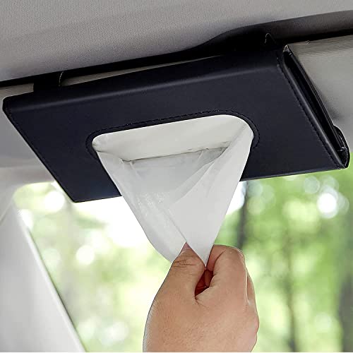 KeepCart Car Sun Visor Tissue Paper Box Case Auto Interior Decoration Accessories Holder PU Leather Tissue Box for Car/Truck (Black Plain) - Image 1