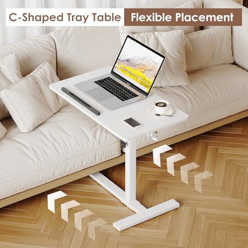 iabifo Height Adjustable C-Shaped Table with Removable Wheels, Mobile Sofa Snack Table with Tiltable Top, Adjustable Laptop Stand for Couch, Bedside Desk with Pen Slot, White - Image 3