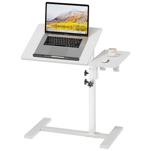 iabifo Height Adjustable C-Shaped Table with Removable Wheels, Mobile Sofa Snack Table with Tiltable Top, Adjustable Laptop Stand for Couch, Bedside Desk with Pen Slot, White - Image 1