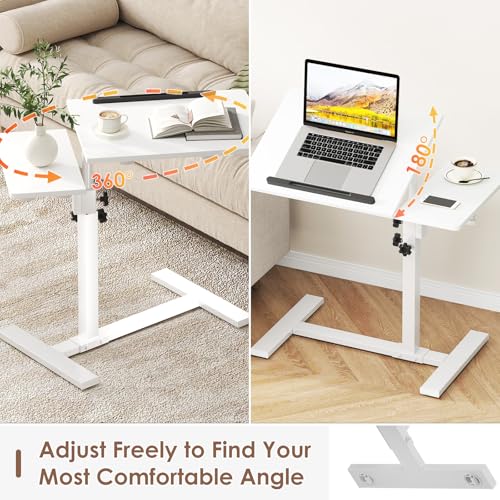 iabifo Height Adjustable C-Shaped Table with Removable Wheels, Mobile Sofa Snack Table with Tiltable Top, Adjustable Laptop Stand for Couch, Bedside Desk with Pen Slot, White - Image 2