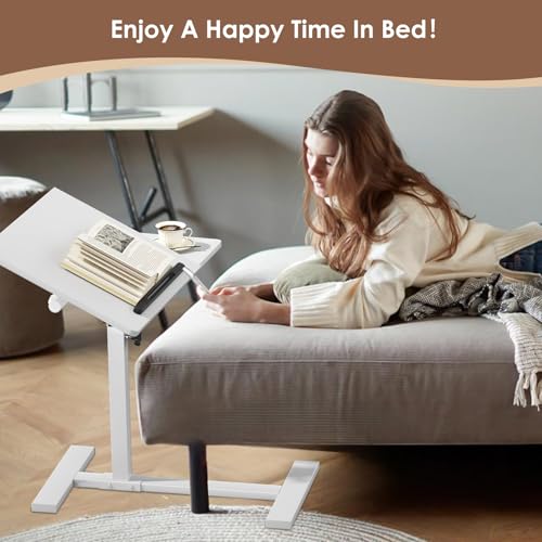 iabifo Height Adjustable C-Shaped Table with Removable Wheels, Mobile Sofa Snack Table with Tiltable Top, Adjustable Laptop Stand for Couch, Bedside Desk with Pen Slot, White - Image 4