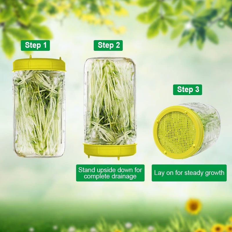 Picowe Plastic Sprouting Lids, Sprouting Jar Strainer Lid, for 86mm Wide Mouth Mason Jars, Canning Jars, Suit for Grow Bean Sprouts, Alfalfa, Salad Sprouts(8 Pack,Yellow) - Image 5