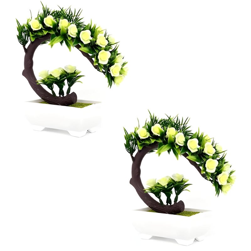 Bellveen Artificial Roses Bonsai Flowers Pot Good Luck Show Pieces for Home Decor Items Decoration Green White 2PCS