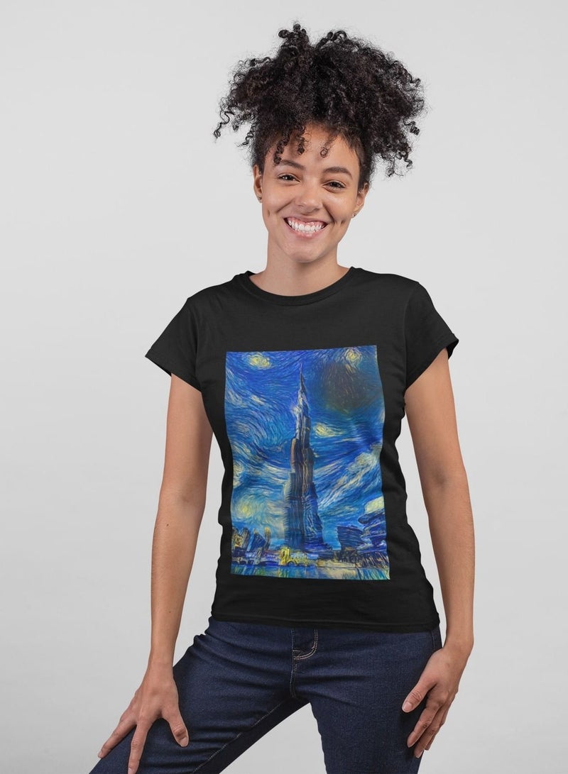 Burj Khalifa During a Starry Night Dubai Art T-Shirt