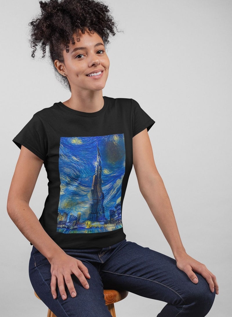 Burj Khalifa During a Starry Night Dubai Art T-Shirt