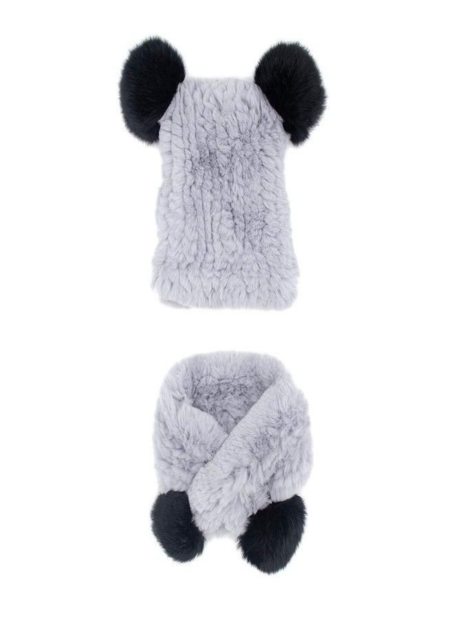 surell - Children's Real Rex Rabbit Fur Textile Knit Hat and Scarf Set - Kid's Winter Hat w Pompoms - Soft Plush Scarf w Poms - Warm Cold Weather Fashion - Fashionable Accessories - (Grey and Black) - Image 1