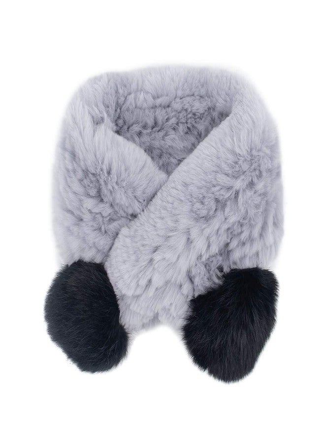 surell - Children's Real Rex Rabbit Fur Textile Knit Hat and Scarf Set - Kid's Winter Hat w Pompoms - Soft Plush Scarf w Poms - Warm Cold Weather Fashion - Fashionable Accessories - (Grey and Black) - Image 4