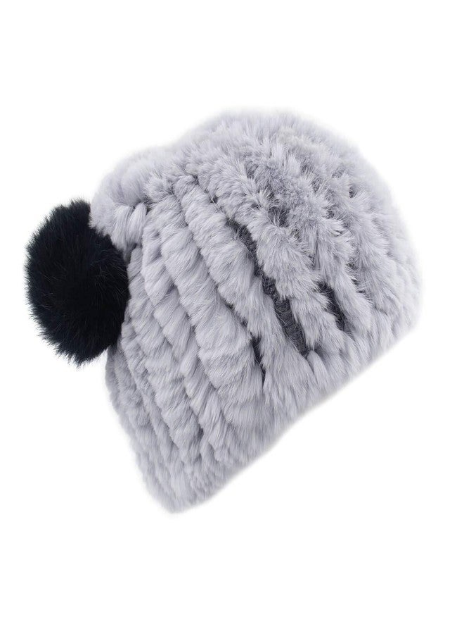 surell - Children's Real Rex Rabbit Fur Textile Knit Hat and Scarf Set - Kid's Winter Hat w Pompoms - Soft Plush Scarf w Poms - Warm Cold Weather Fashion - Fashionable Accessories - (Grey and Black) - Image 5