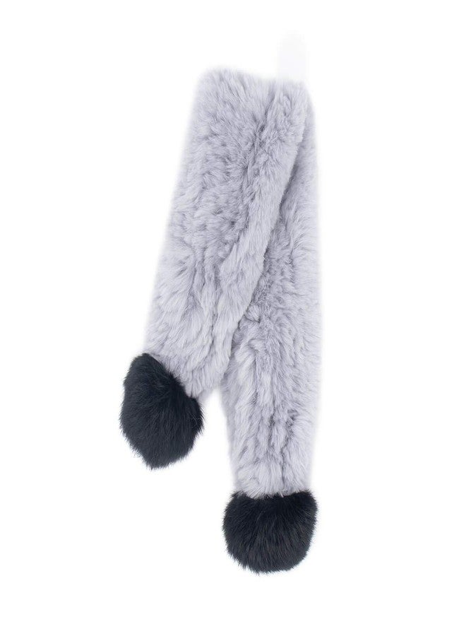 surell - Children's Real Rex Rabbit Fur Textile Knit Hat and Scarf Set - Kid's Winter Hat w Pompoms - Soft Plush Scarf w Poms - Warm Cold Weather Fashion - Fashionable Accessories - (Grey and Black) - Image 3