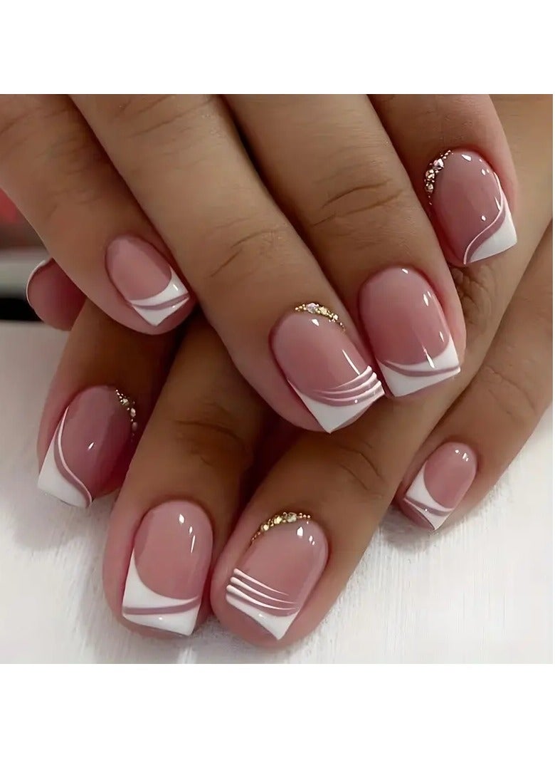 ORiTi 24pcs Glossy Pink Press On Nails with Rhinestone Accents and French White Edge Design - Full Coverage Nails for Women - Image 1