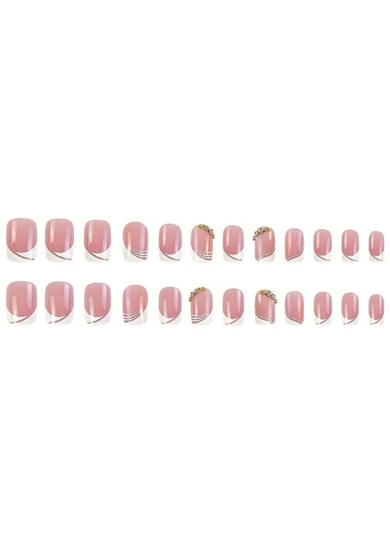 ORiTi 24pcs Glossy Pink Press On Nails with Rhinestone Accents and French White Edge Design - Full Coverage Nails for Women - Image 2