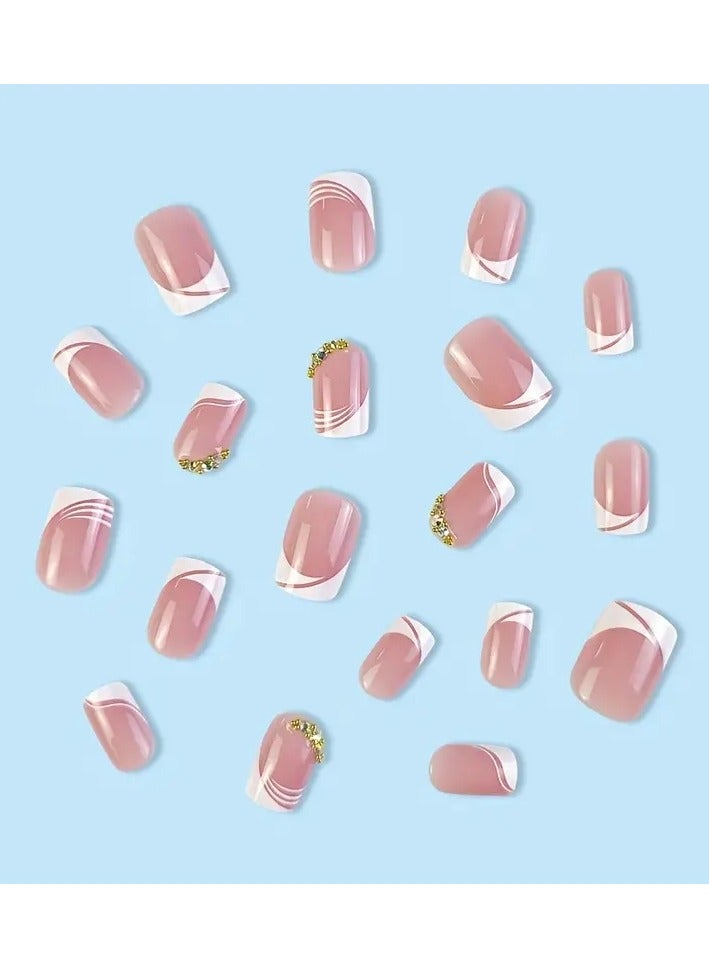 ORiTi 24pcs Glossy Pink Press On Nails with Rhinestone Accents and French White Edge Design - Full Coverage Nails for Women - Image 3