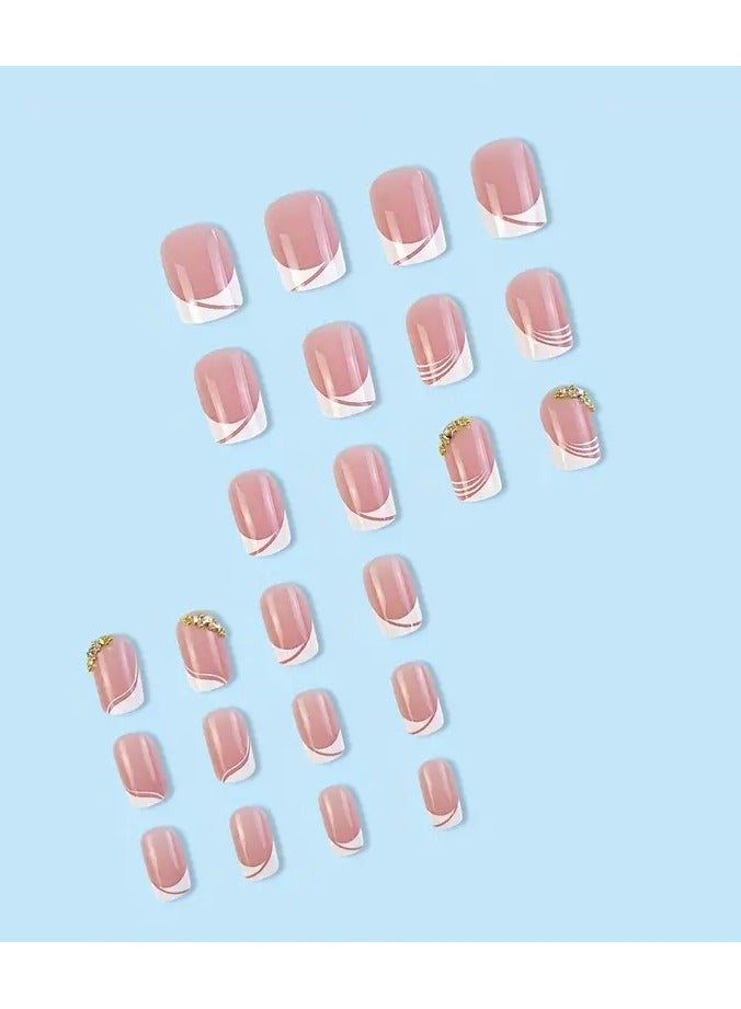 ORiTi 24pcs Glossy Pink Press On Nails with Rhinestone Accents and French White Edge Design - Full Coverage Nails for Women - Image 5