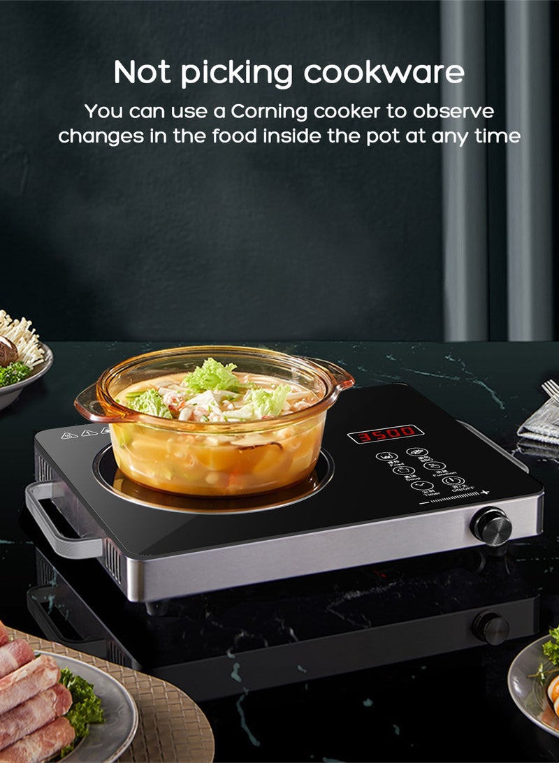 هومار كيت طباخ كهربائي، طباخ رقمي بالأشعة تحت الحمراء بشاشة LED، موقد كهربائي بقوة 3500 واط، موقد حثي، إعدادات درجة الحرارة، مؤقت قابل للبرمجة لمدة 3 ساعات مع مقبض (لوح واحد) - Image 2