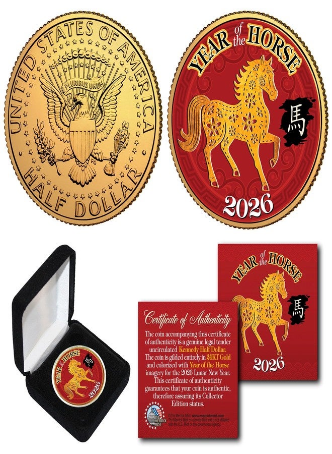 Merrick Mint 2026 Chinese Lunar New Year of The Horse Gold Plated JFK Kennedy Half Dollar Collectible Coin with Gift Box - Image 1